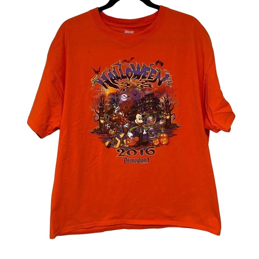 Hanes Mens Orange‎ Halloween 2016 Disneyland Crew Neck Short Sleeve Tee Size XL